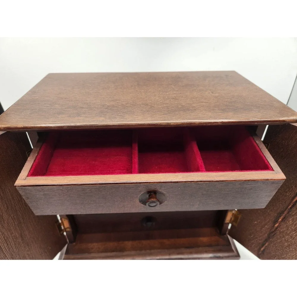Vintage Wooden Jewelry Box Cabinet Velvet Lined Drawers Inlaid Doors Japan